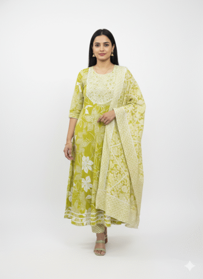 Exquisite Lime Green Floral Anarkali Kurta Set