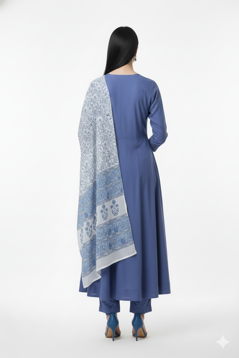Women’s Blue Mul Mul Cotton Anarkali Kurta Set - Image 2