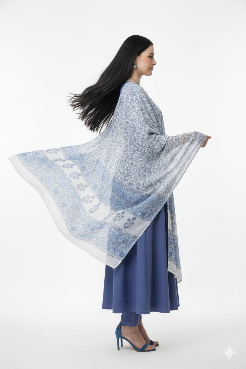 Women’s Blue Mul Mul Cotton Anarkali Kurta Set - Image 3