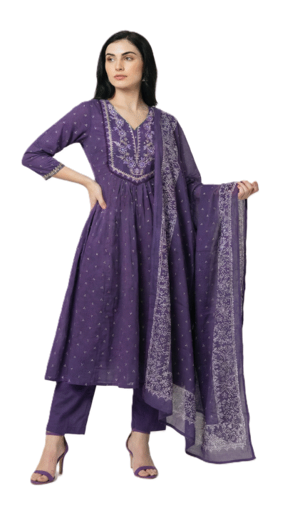 Women's Purple Hand-Embroidered Mulmul Cotton Anarkali Kurta Set