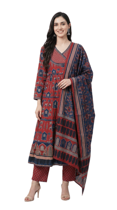 Women's Rust Red & Indigo Cotton Tiered Anarkali Suit Set
