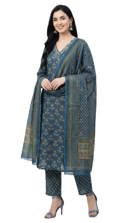 Women's Teal Blue Cotton Floral Printed Straight Kurta with Pant & Dupatta Set